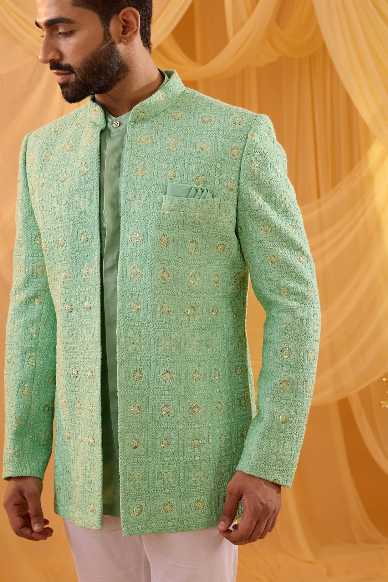 Mint Green Embroidered Open Jacket Kurta Set