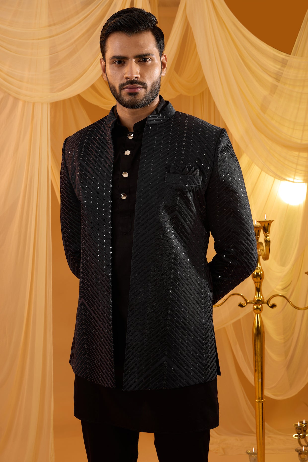 Black Embroidered Indo Western Set
