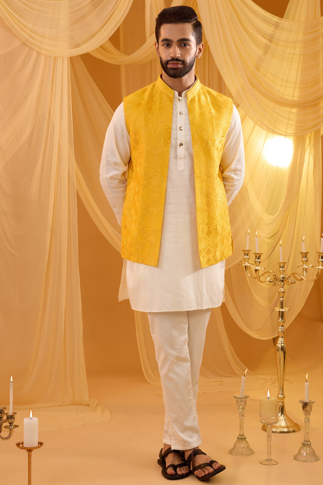 Yellow Embroidered Jacket Kurta Set