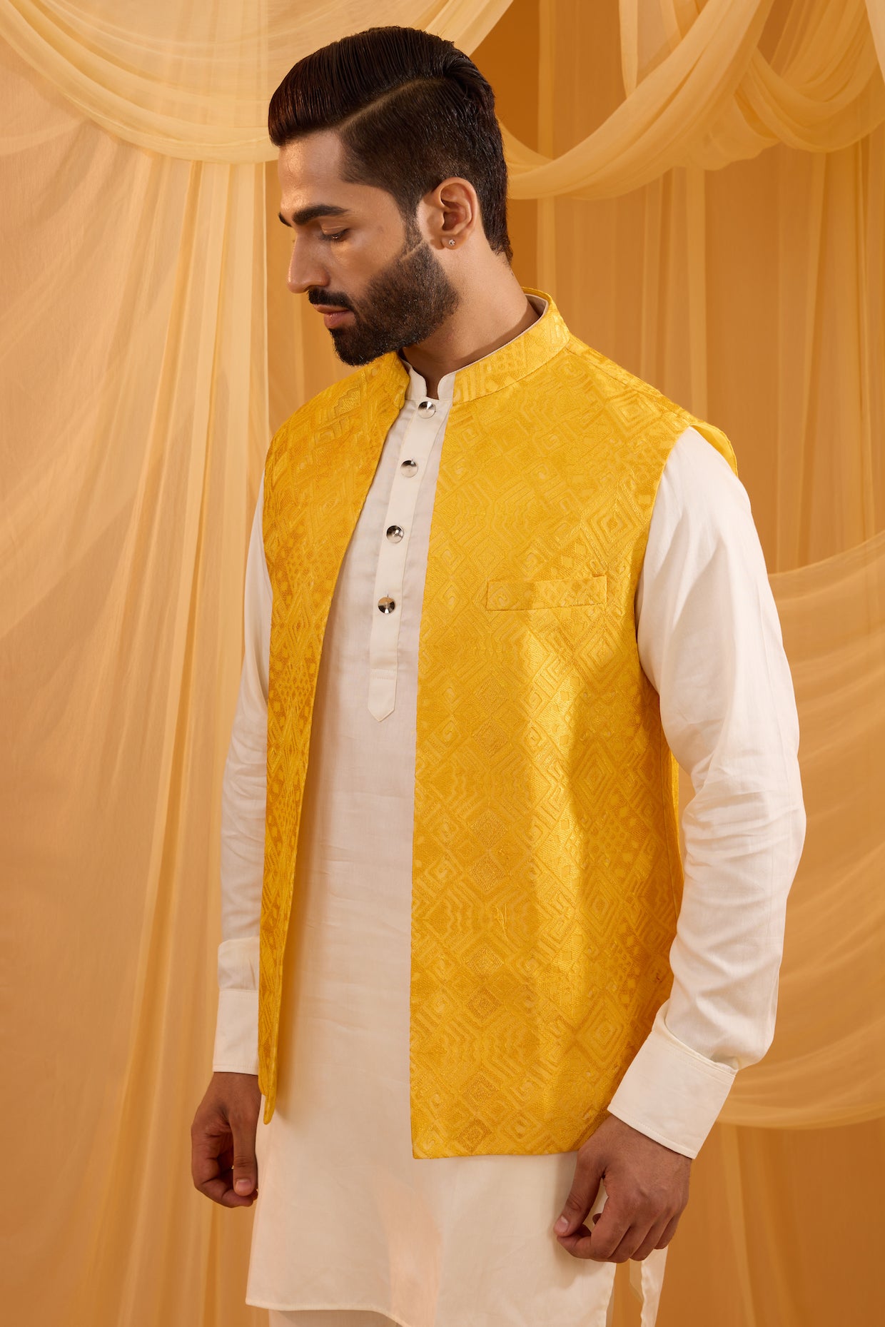 Yellow Embroidered Jacket Kurta Set