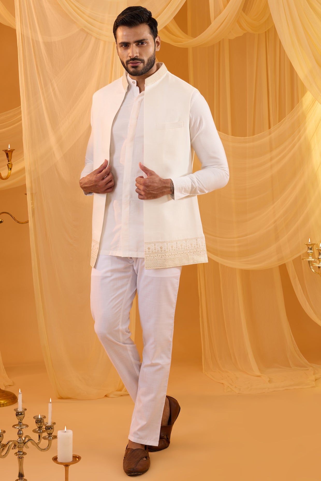 White Embroidered Indo Western Set