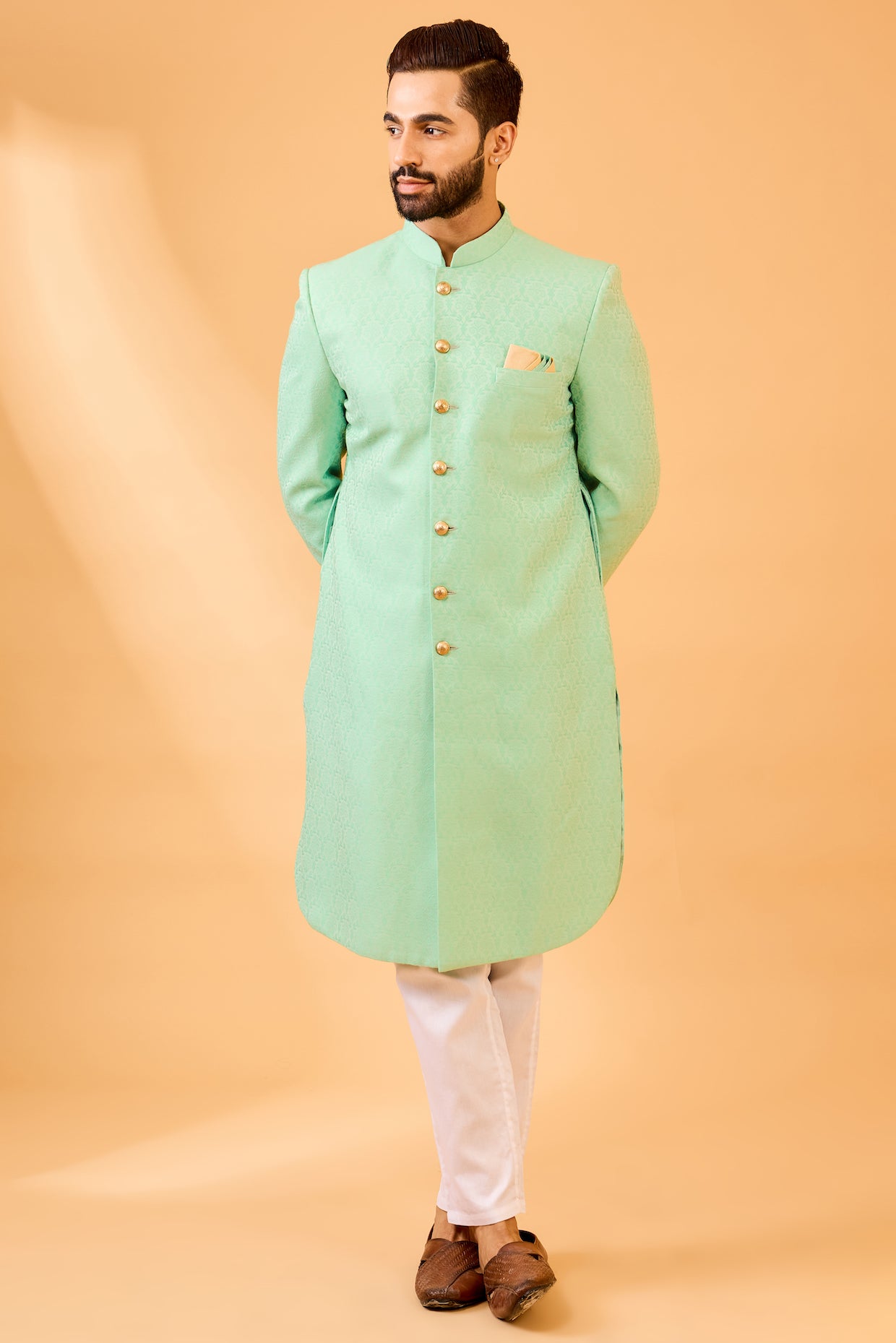 Mint Green Jacquard Sherwani Set