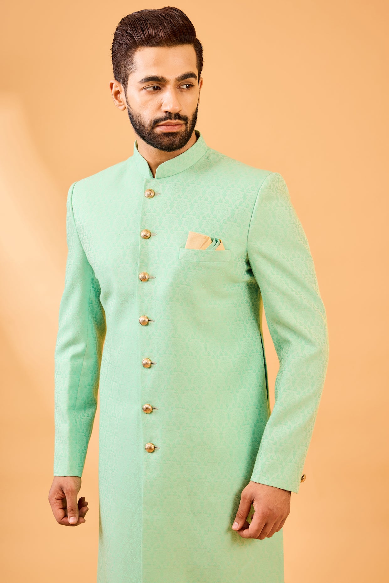 Mint Green Jacquard Sherwani Set