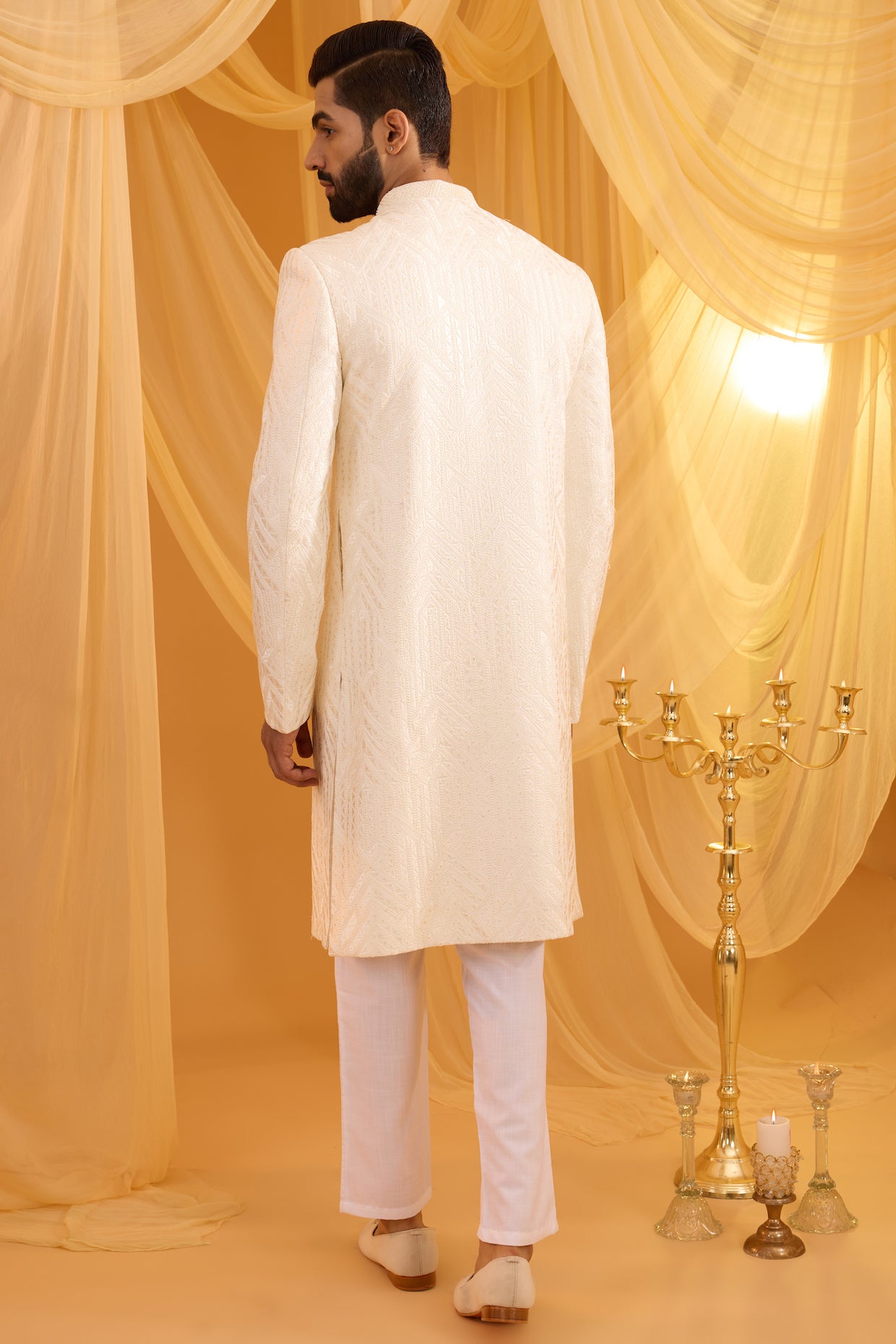 Ivory Collar Embroidered Sherwani Set