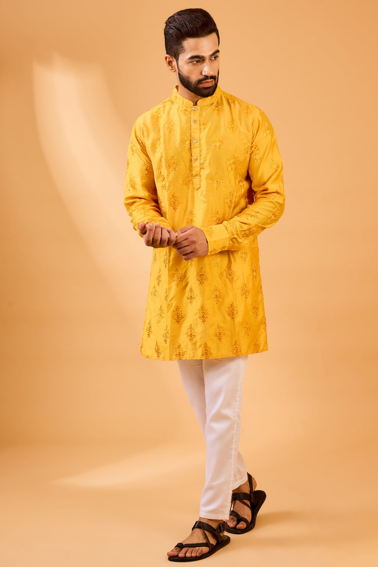 Mustard Floral Embroidered Kurta Set