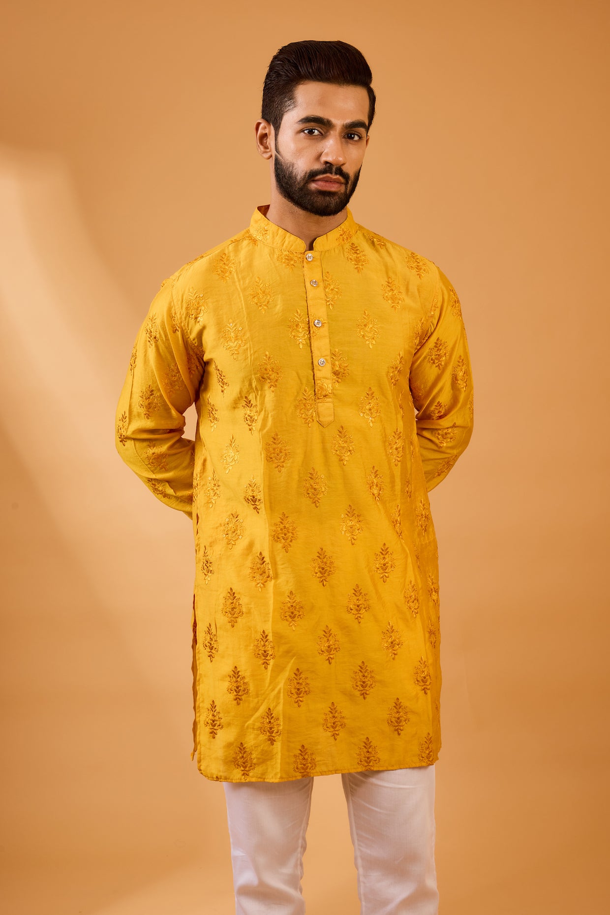 Mustard Floral Embroidered Kurta Set