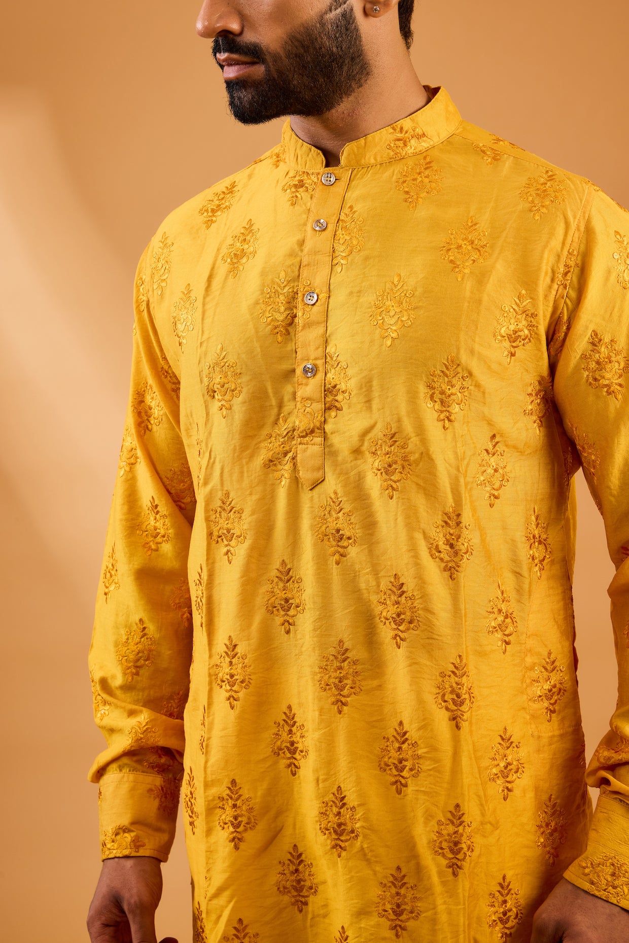 Mustard Floral Embroidered Kurta Set