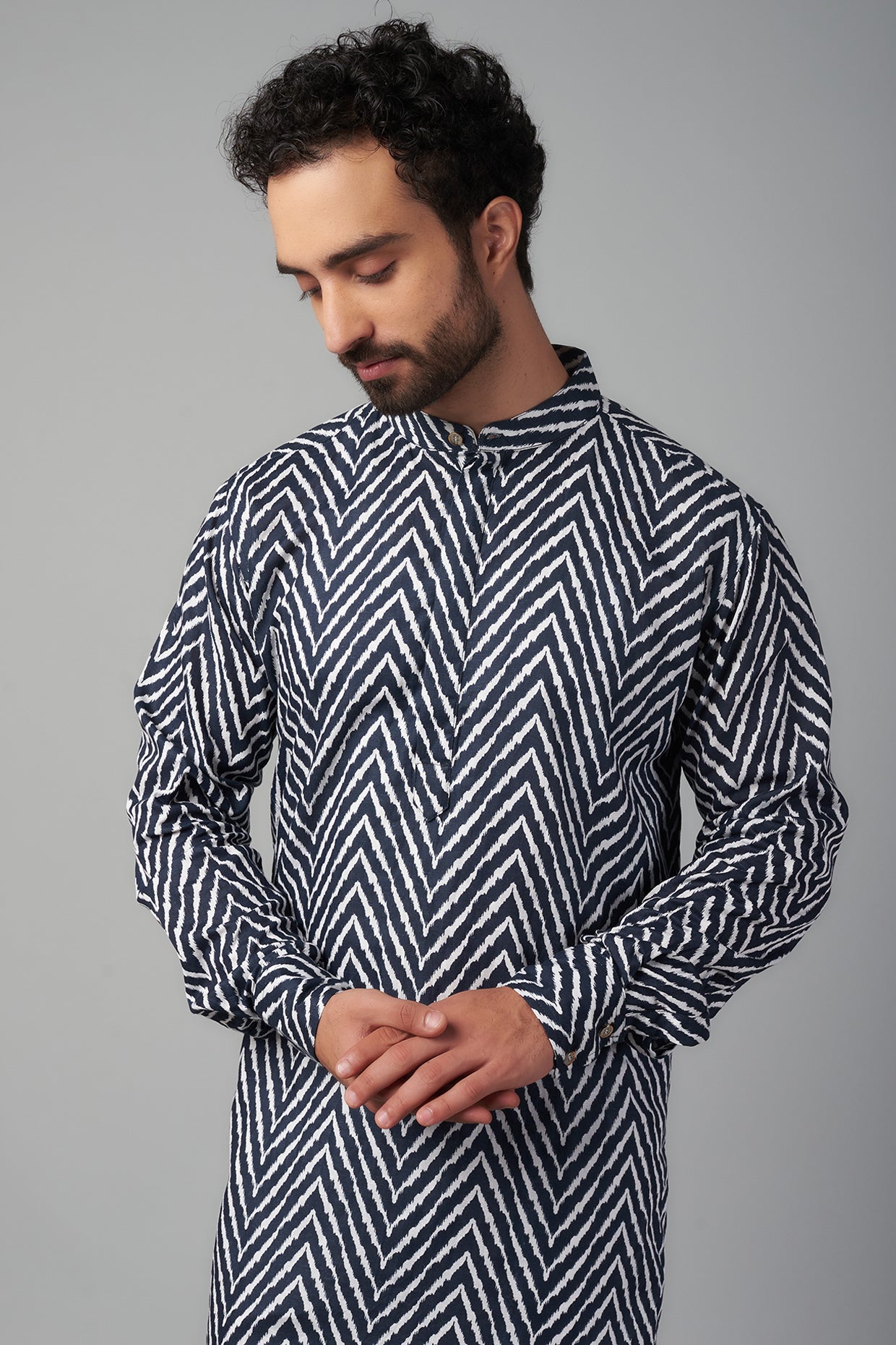 Black Cotton Chevron Printed Kurta Set