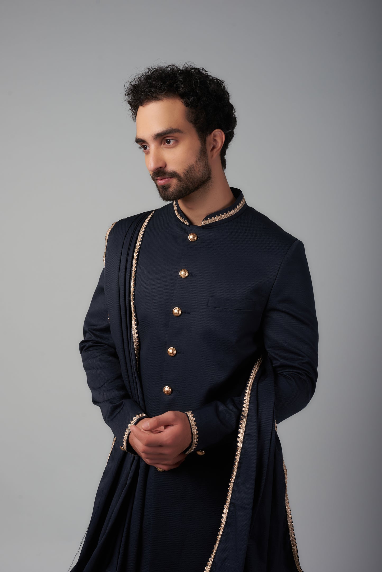 Dark Navy Embroidered Sherwani Set