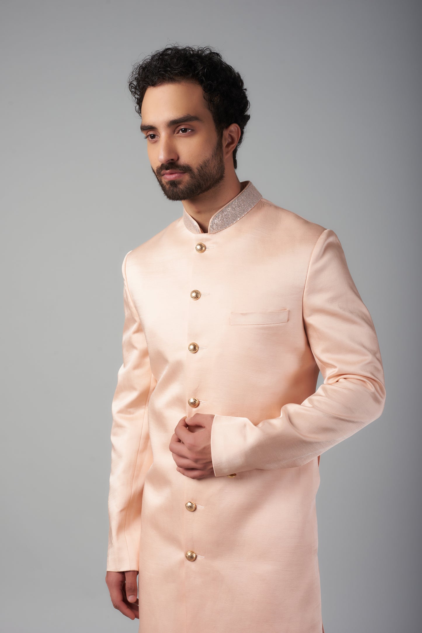 Pink Linen Satin Sherwani with Sequin Embroidery