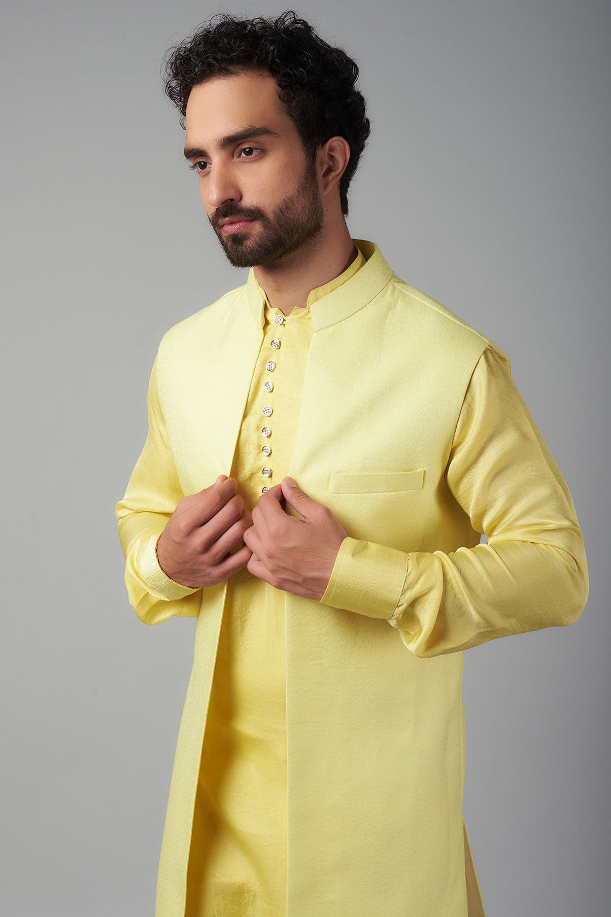 Yellow Jacquard Indo Western Set