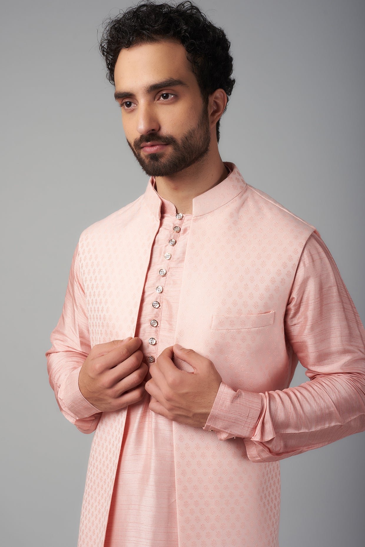 Pink Jacquard Indo Western Set