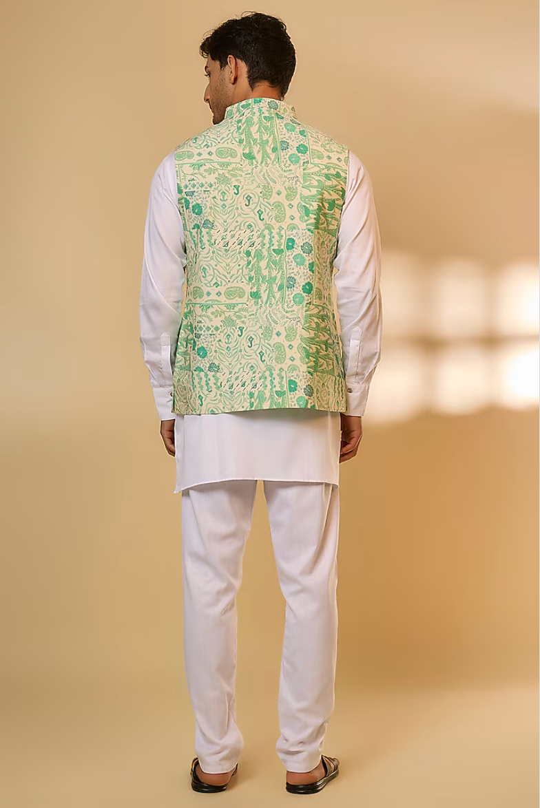 Green Botanical Print Jacket Kurta Set