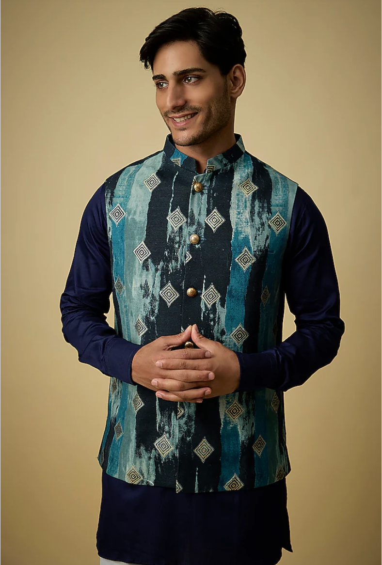 Navy Digital Print Jacket Kurta Set