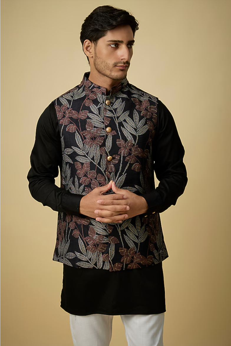 Black Tropical Print Jacket Kurta Set