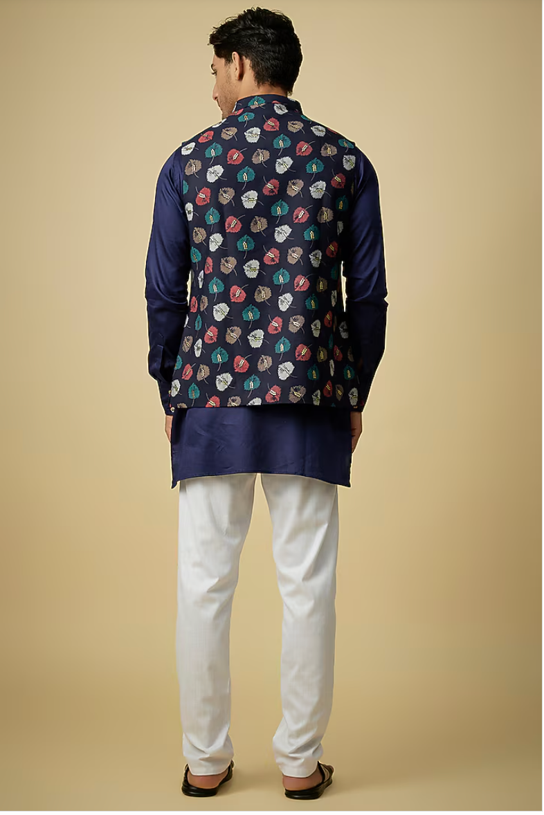 Navy & Gold Leaf Print Jacket Kurta Set