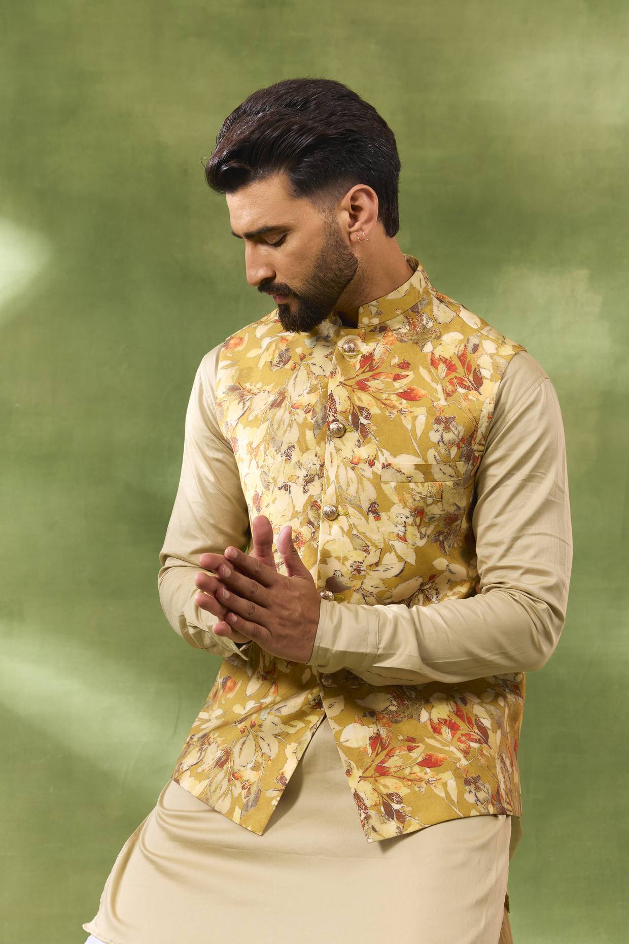 Yellow Botanical Print Jacket Kurta Set