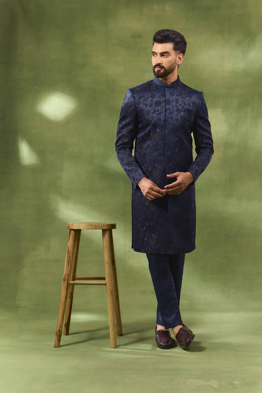 Navy & Gold Floral Jacquard Sherwani Set