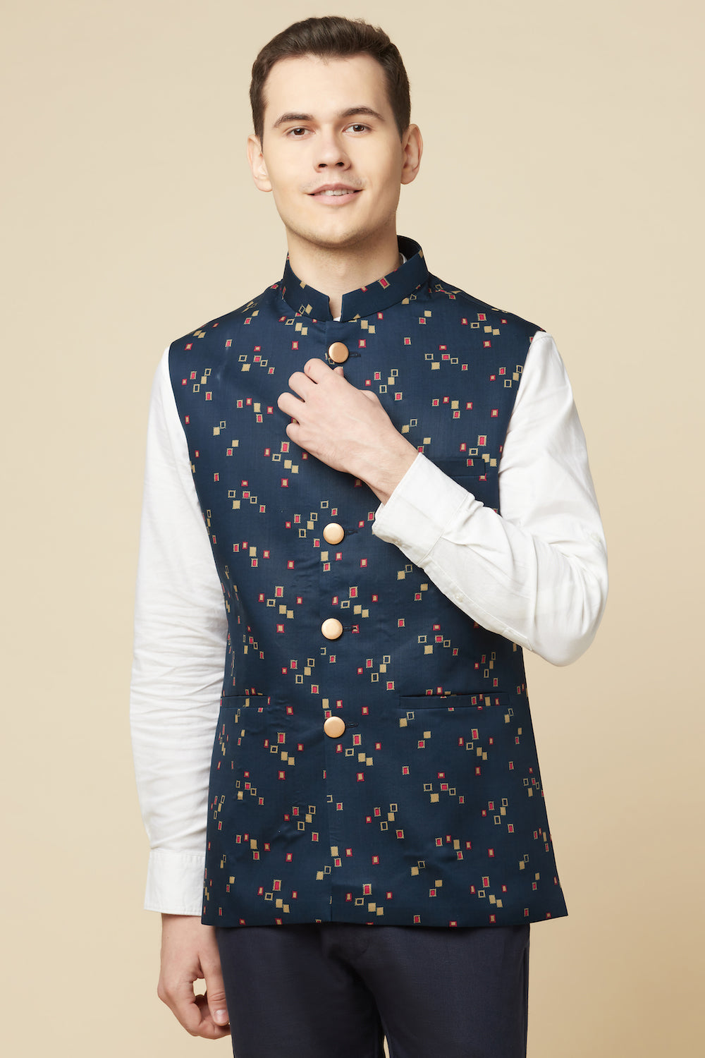 Navy Blue Digital Print Bundi Jacket - Spring Break