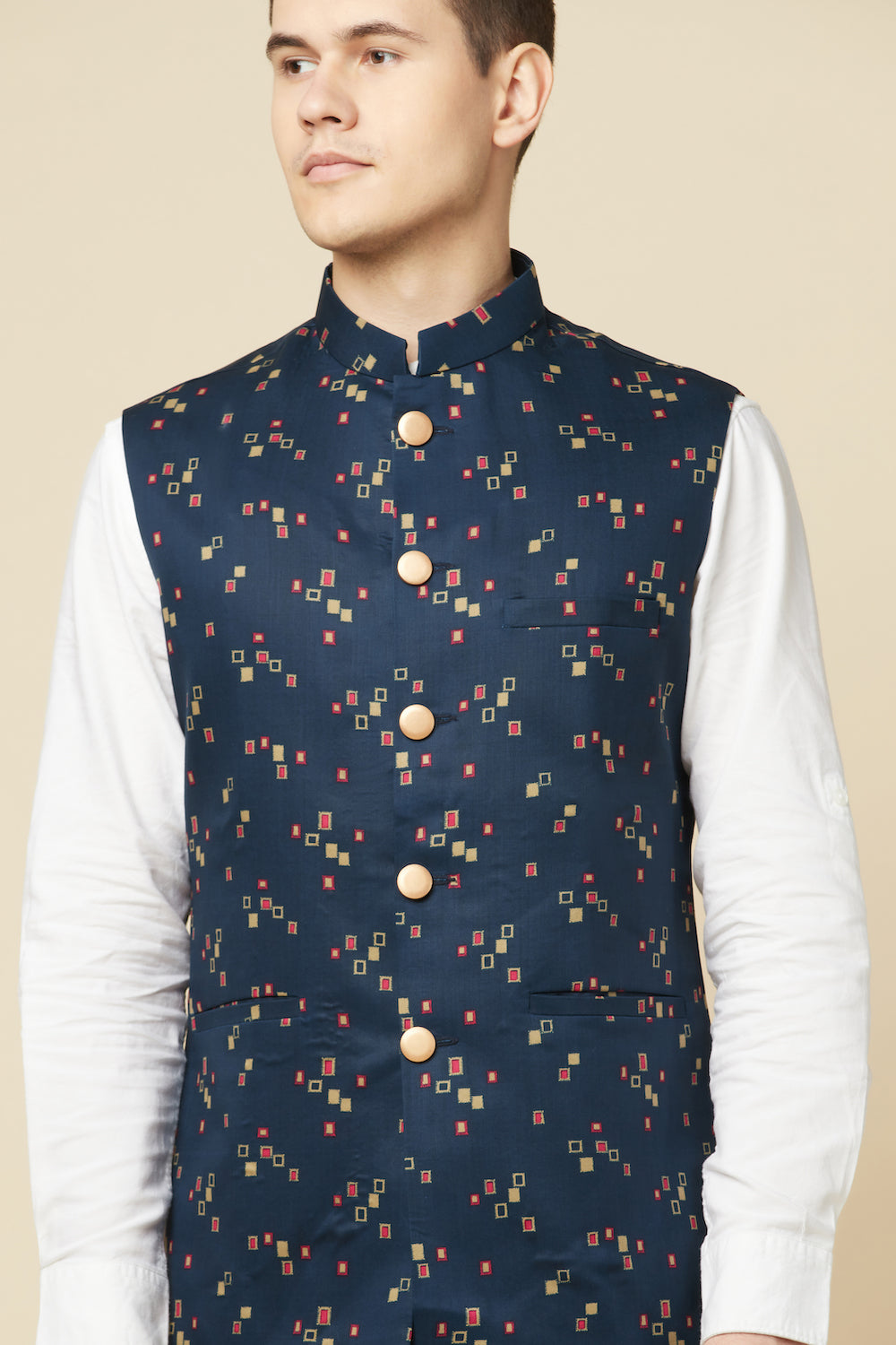 Navy Blue Digital Print Bundi Jacket - Spring Break