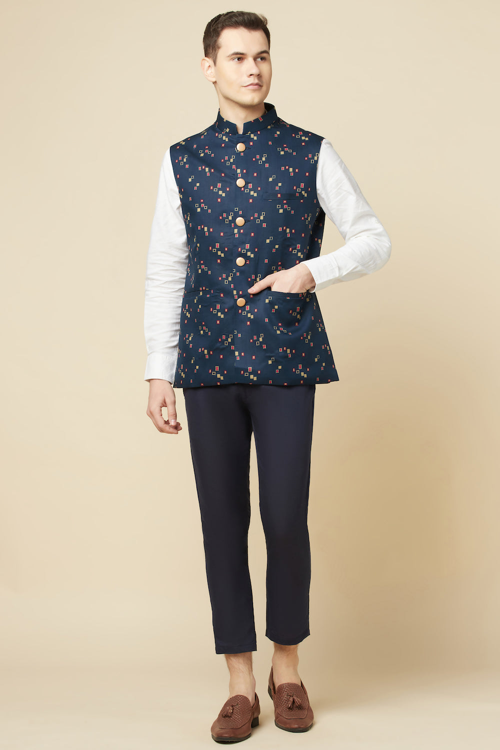 Navy Blue Digital Print Bundi Jacket - Spring Break