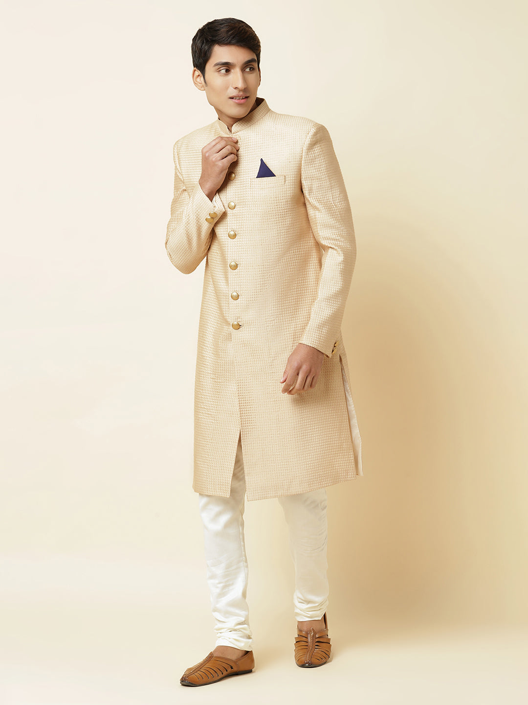 Beige Textured Sherwani Set - Spring Break