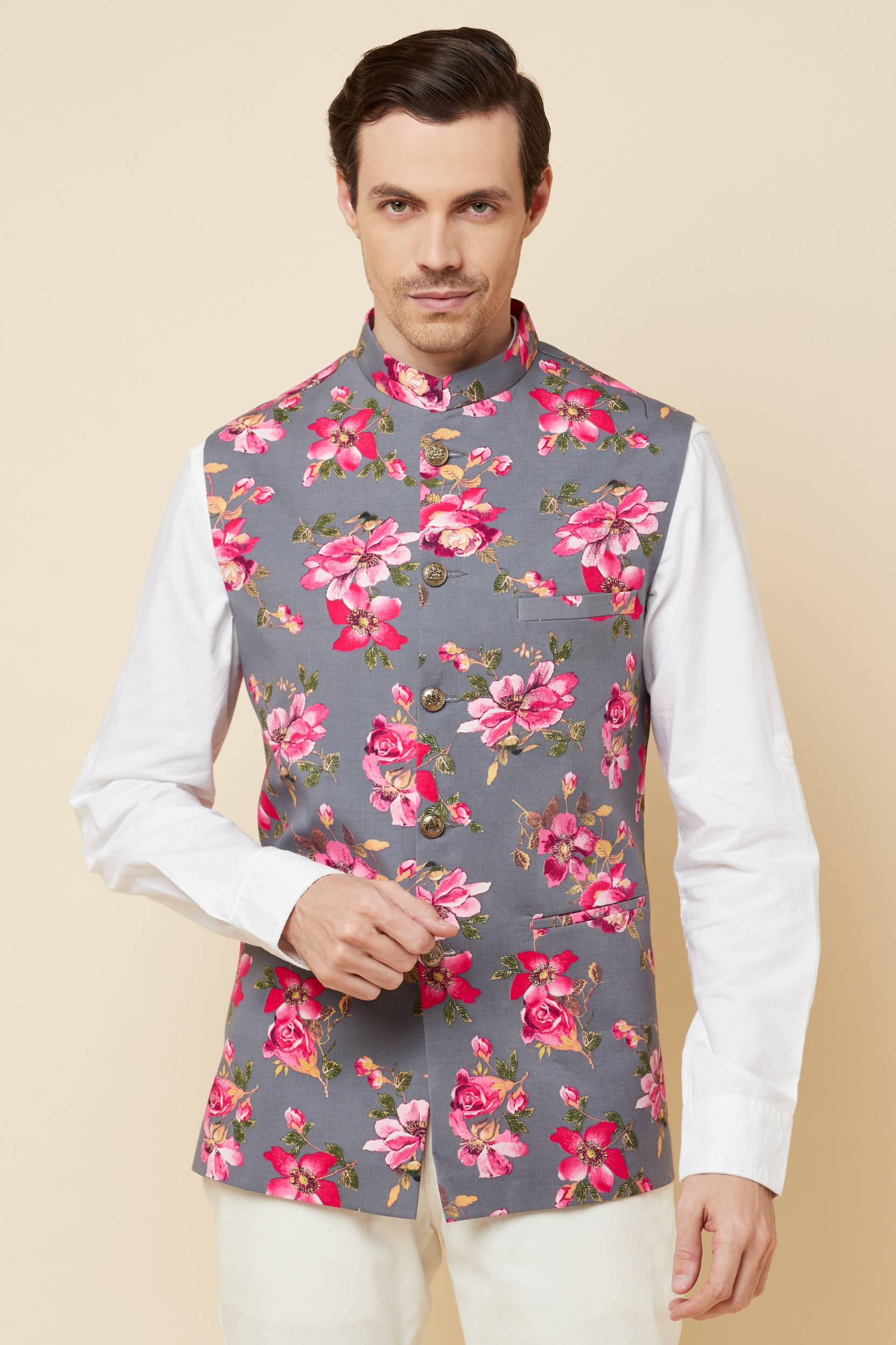 Grey Floral Print Nehru Jacket - Main Image
