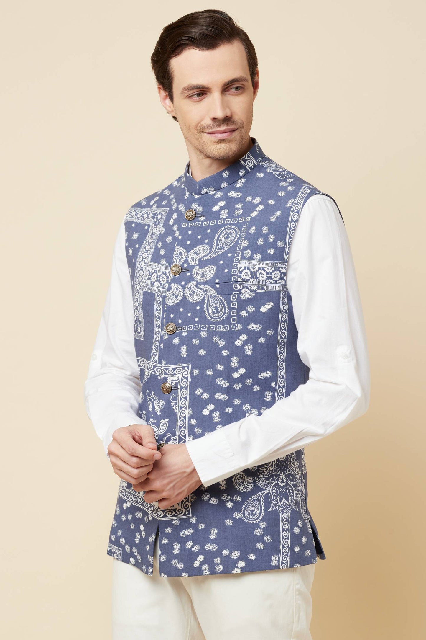 Blue Paisley Print Bundi Jacket - Spring Break