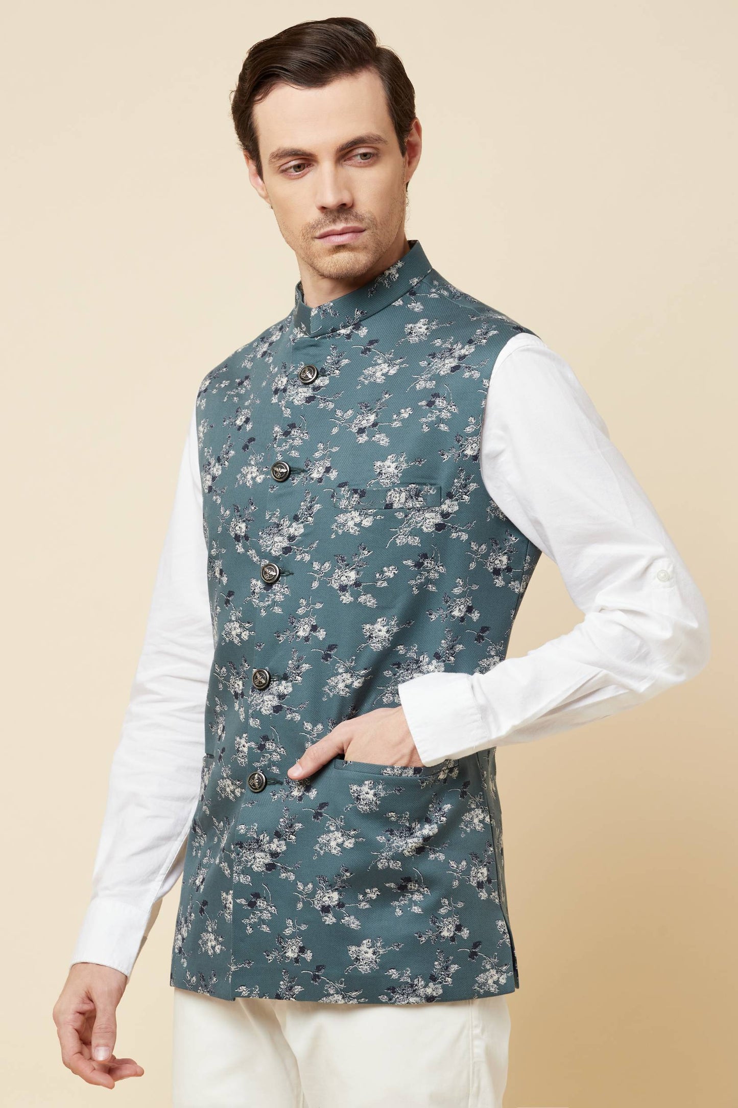 Teal Floral Print Bundi Jacket - Spring Break