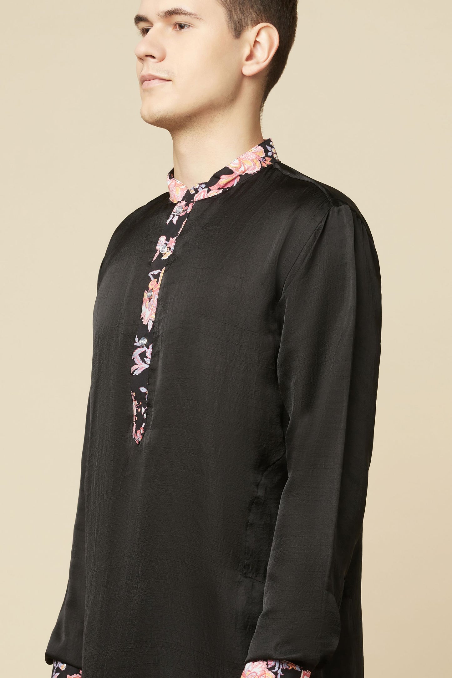 Black Kurta with Floral Detail - Spring Break