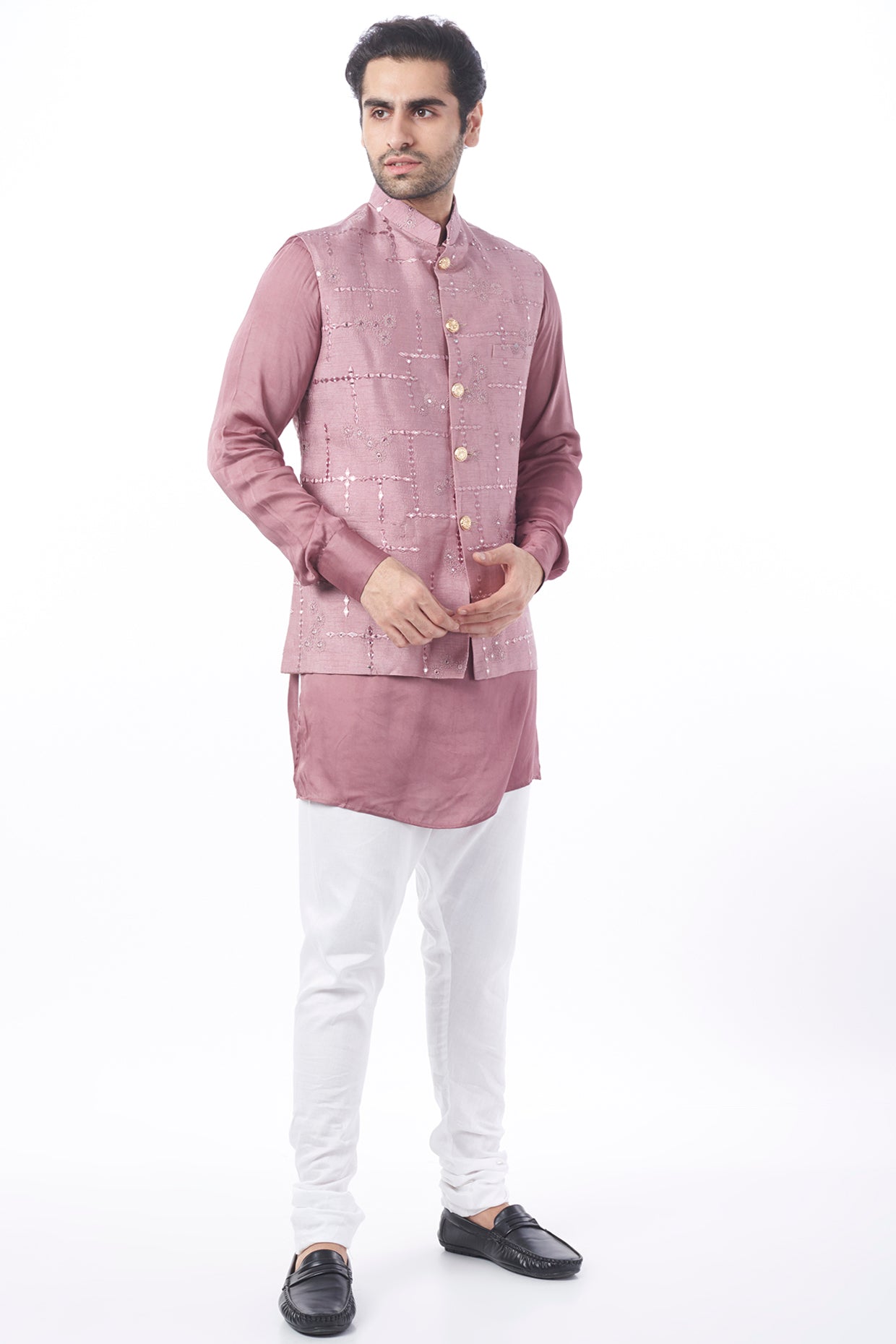 Lilac Mirror Work Nehru Jacket with Kurta Set - Main Image