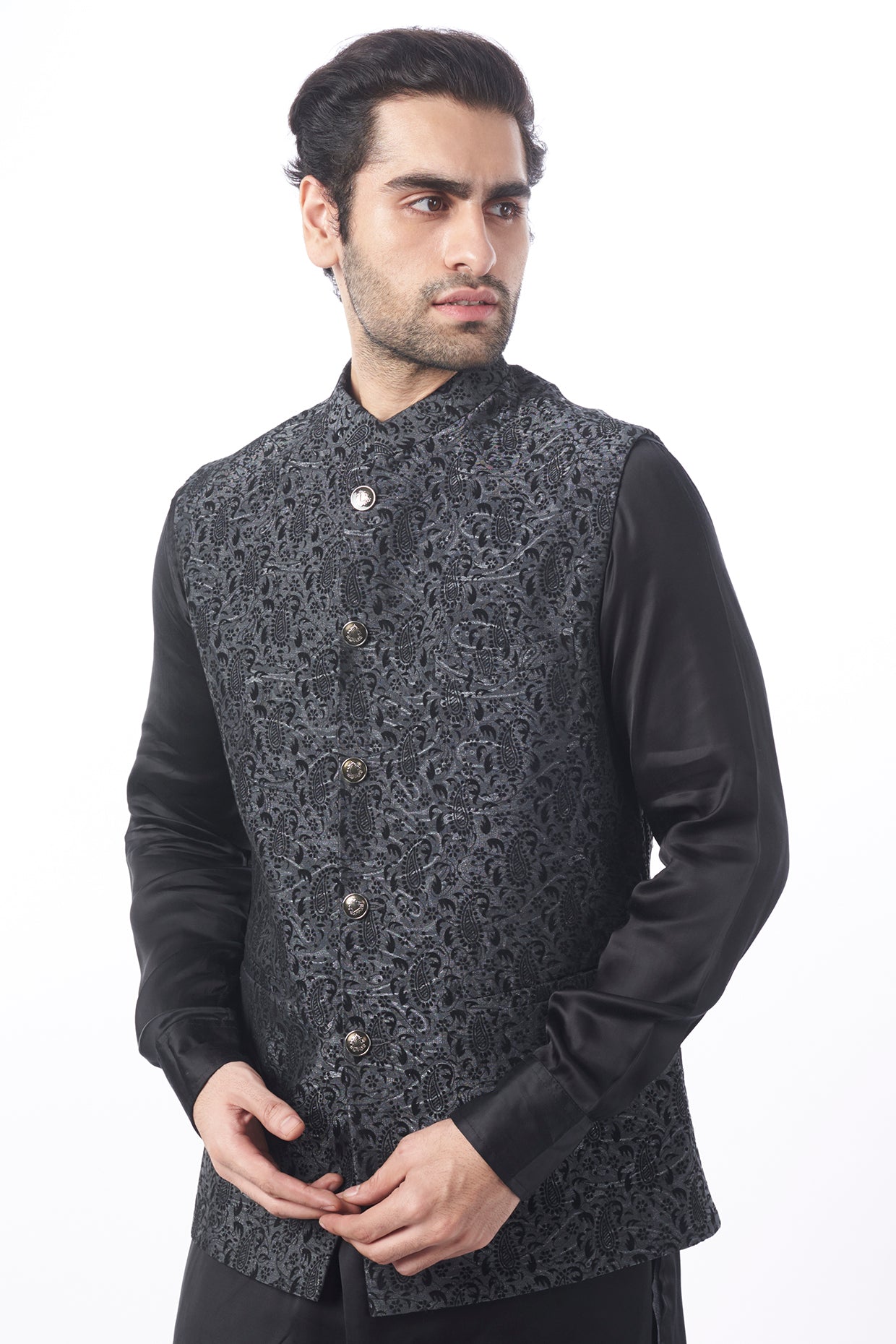 Black Brocade Bundi Jacket with Kurta Set - Spring Break