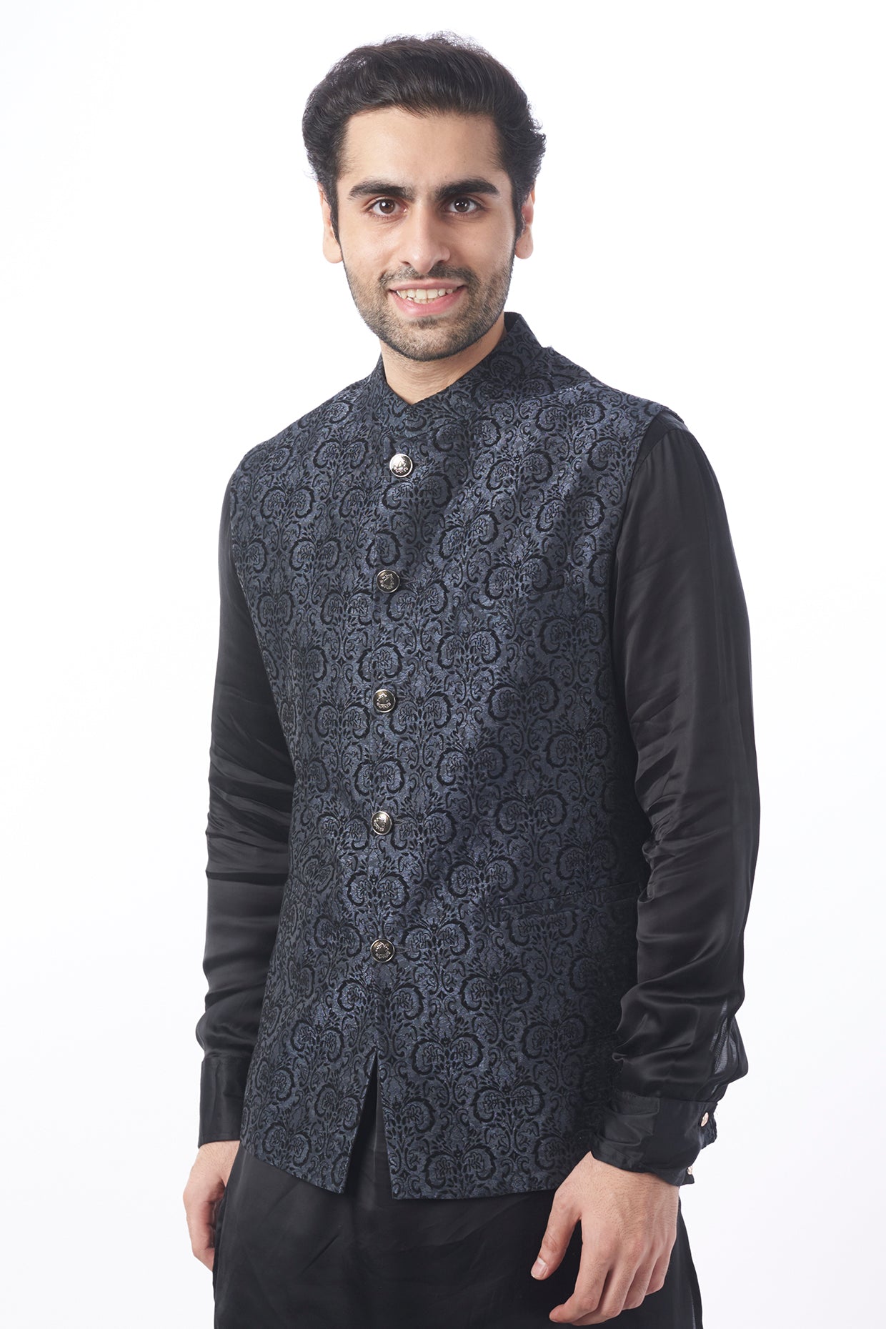 Grey Brocade Bundi Jacket with Kurta Set - Spring Break
