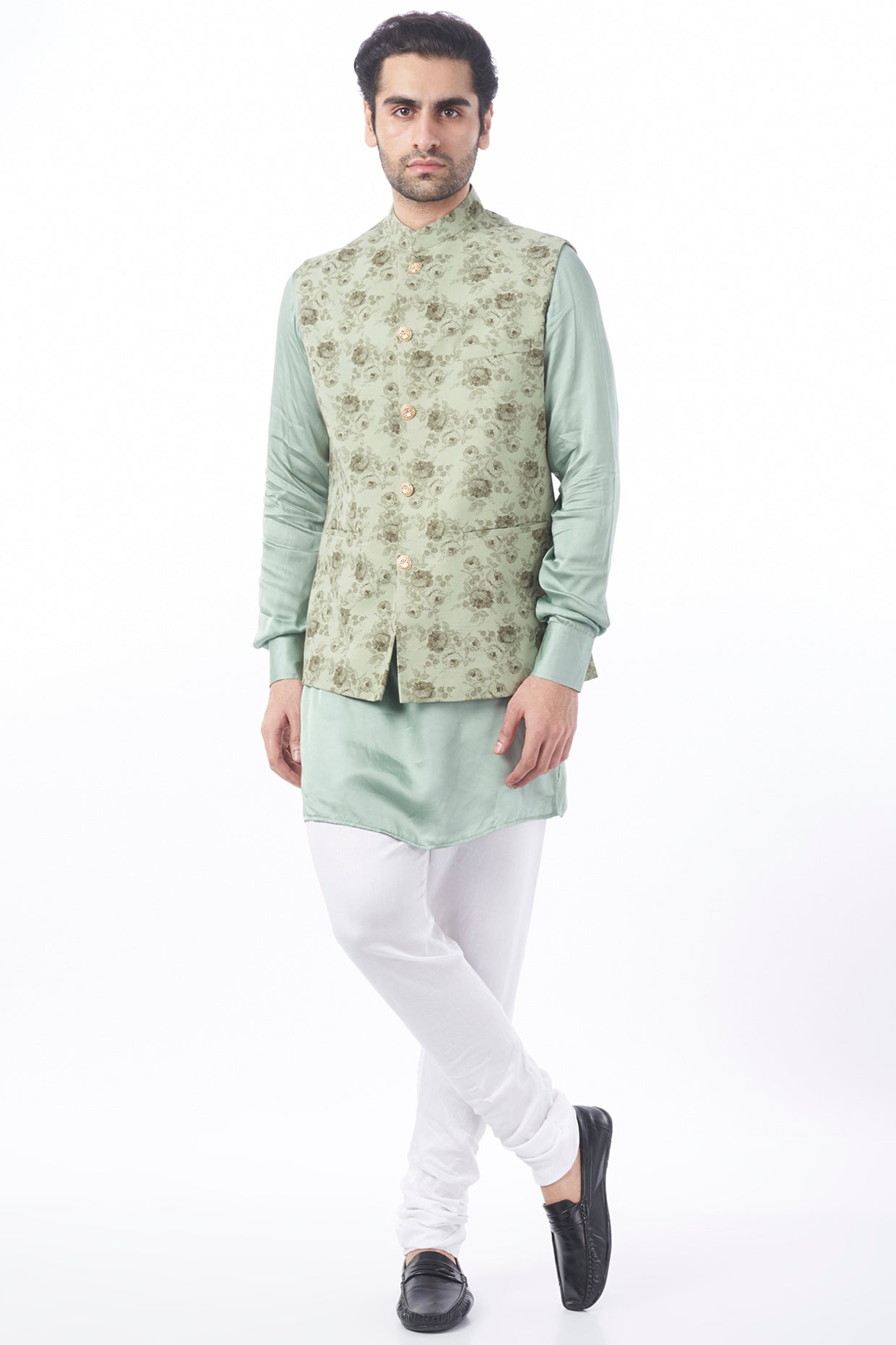 Mint Floral Print Bundi Jacket with Kurta Set - Spring Break