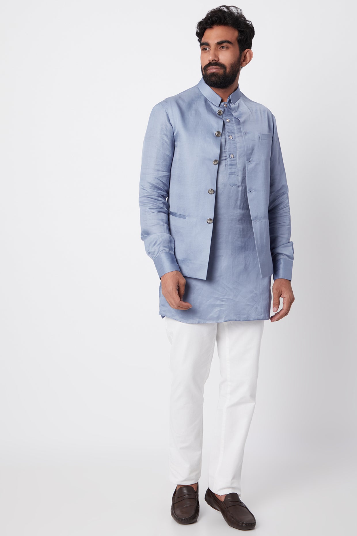 Sky Blue Bundi Linen Satin Jacket With Kurta Set - Spring Break