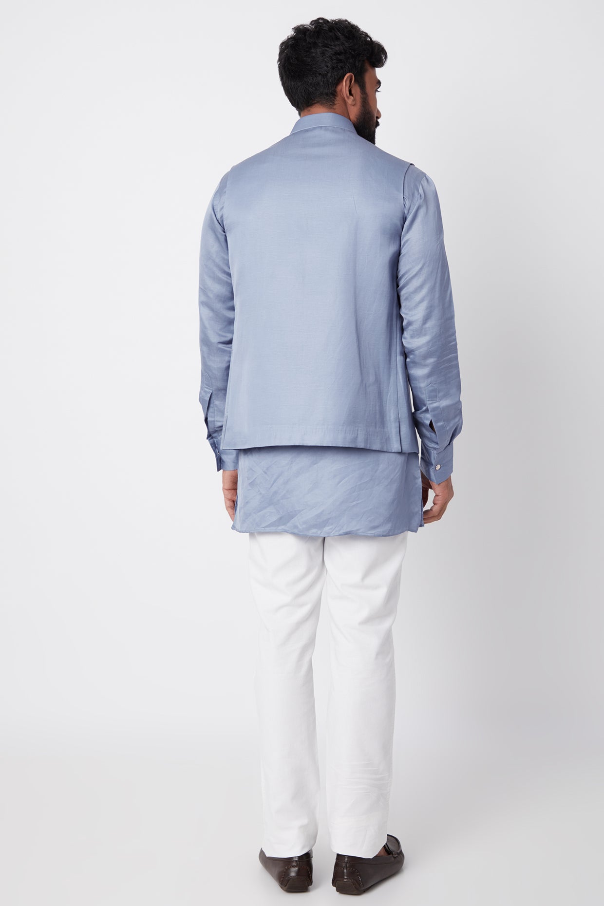 Sky Blue Bundi Linen Satin Jacket With Kurta Set - Spring Break