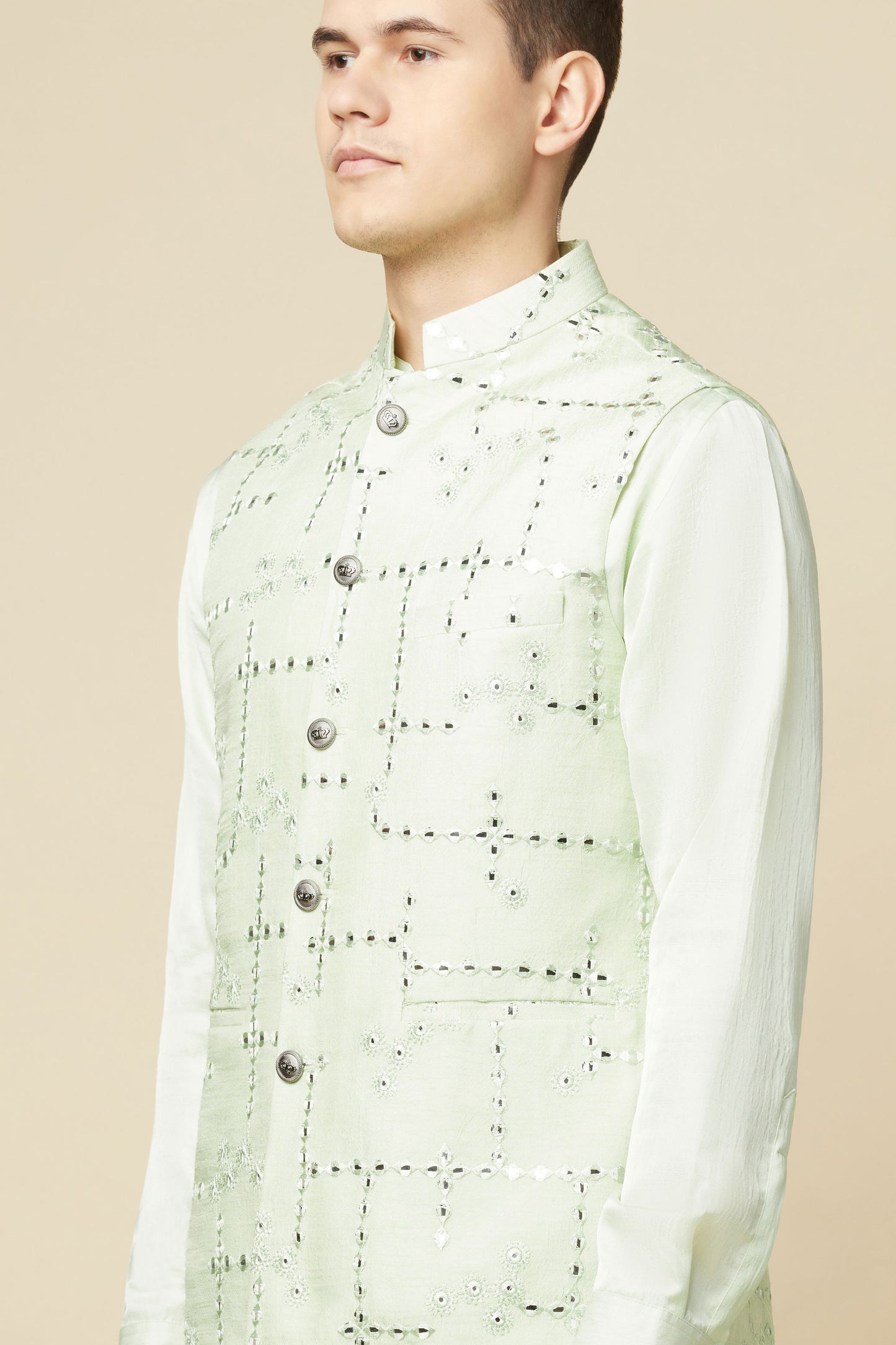Mint Green Mirror Embroiedered Jacket Kurta Set - Spring Break