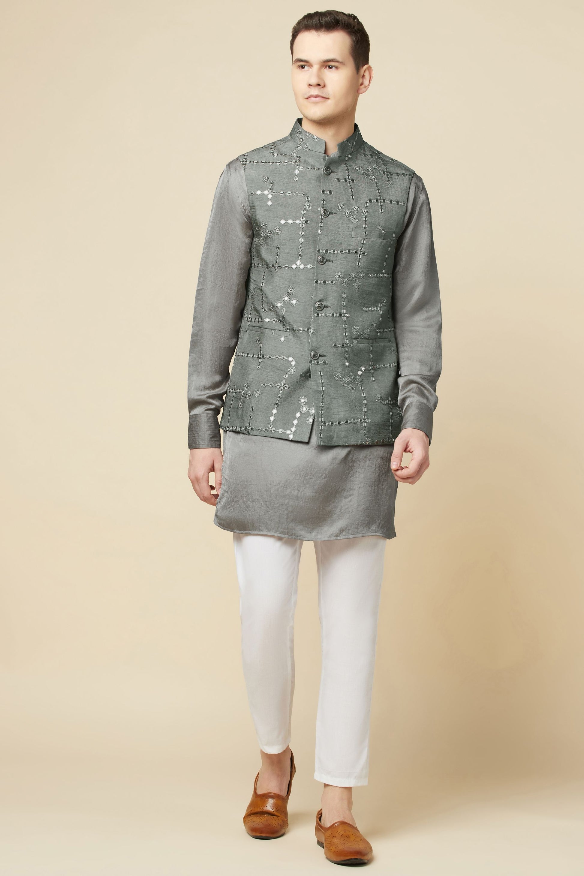 Grey Mirror Embroidered Jacket Kurta Set - Spring Break