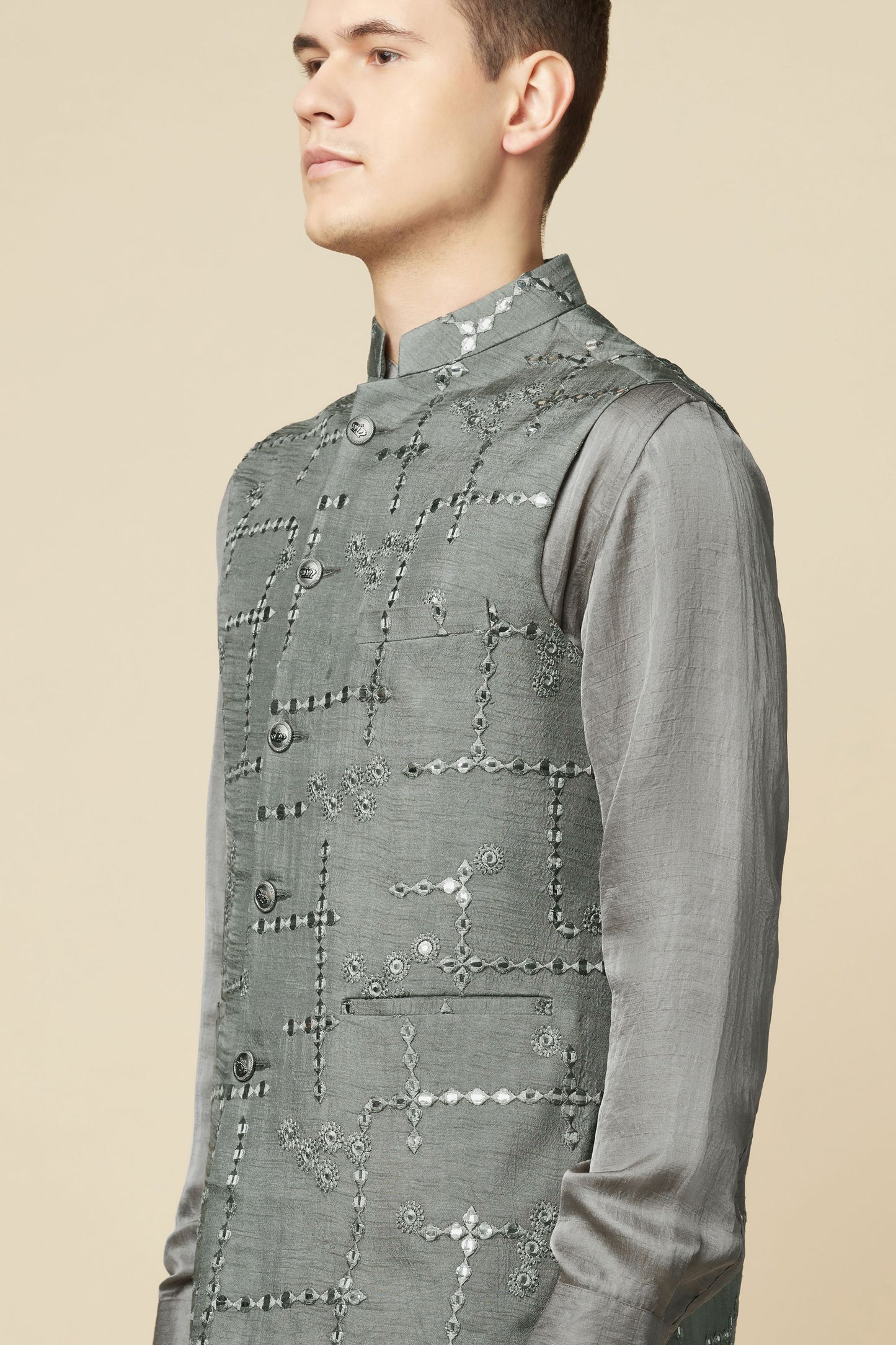 Grey Mirror Embroidered Jacket Kurta Set - Spring Break