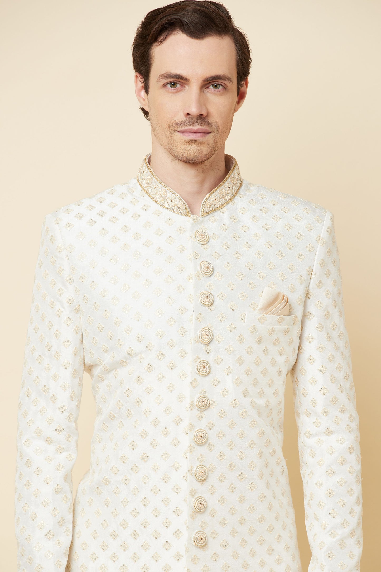 White & Gold Embroidered Polyester Cotton Sherwani Set - Spring Break