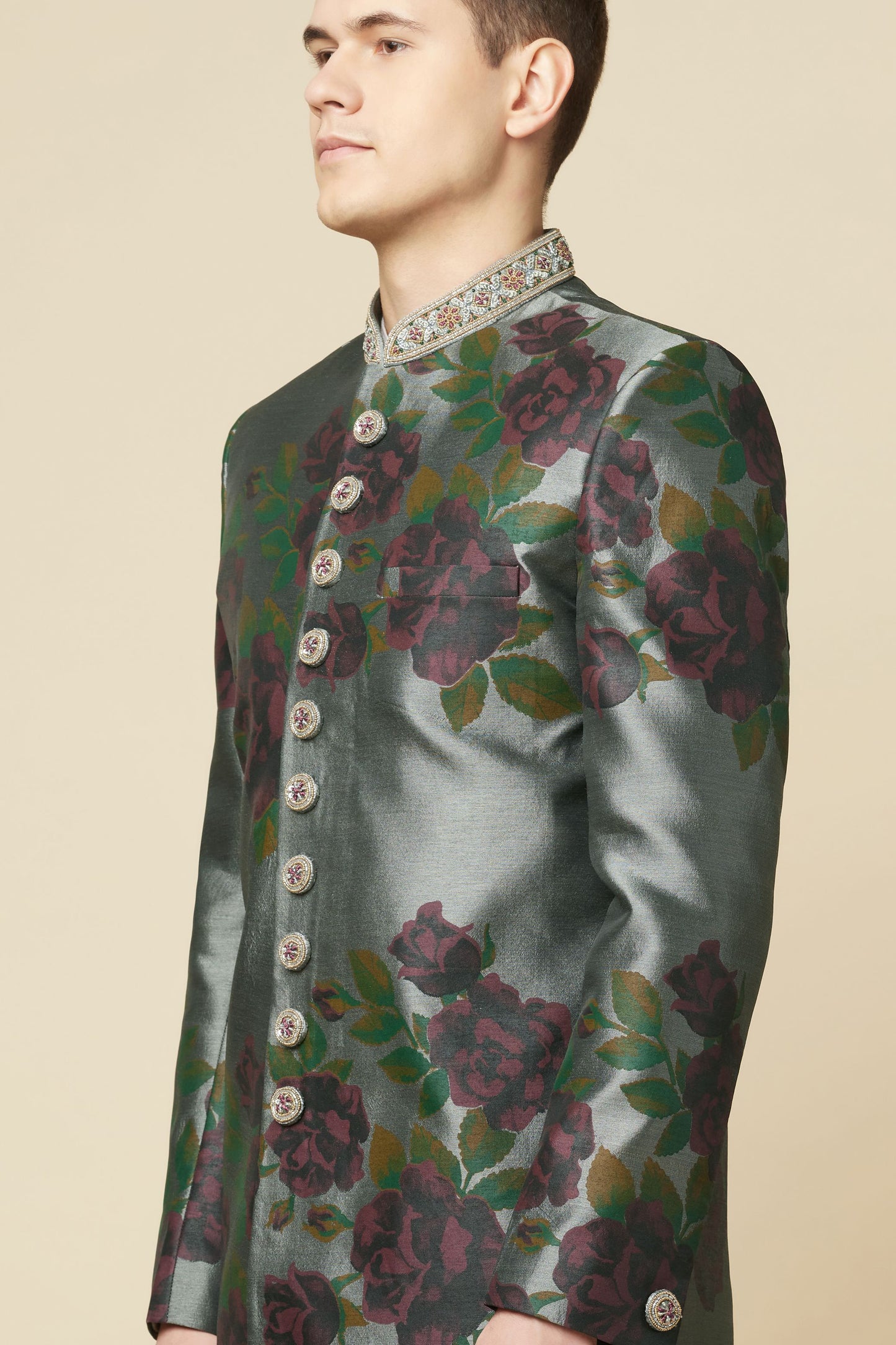 Grey Floral Print Sherwani Set - Spring Break