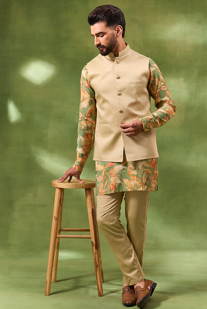 Green Floral Print Jacket Kurta Set