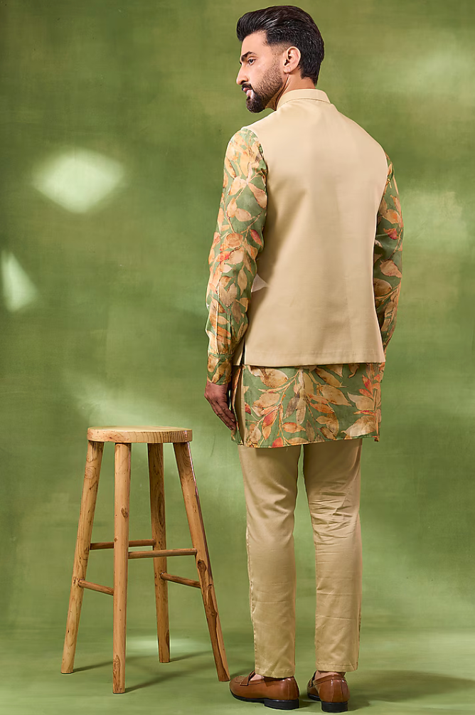 Green Floral Print Jacket Kurta Set