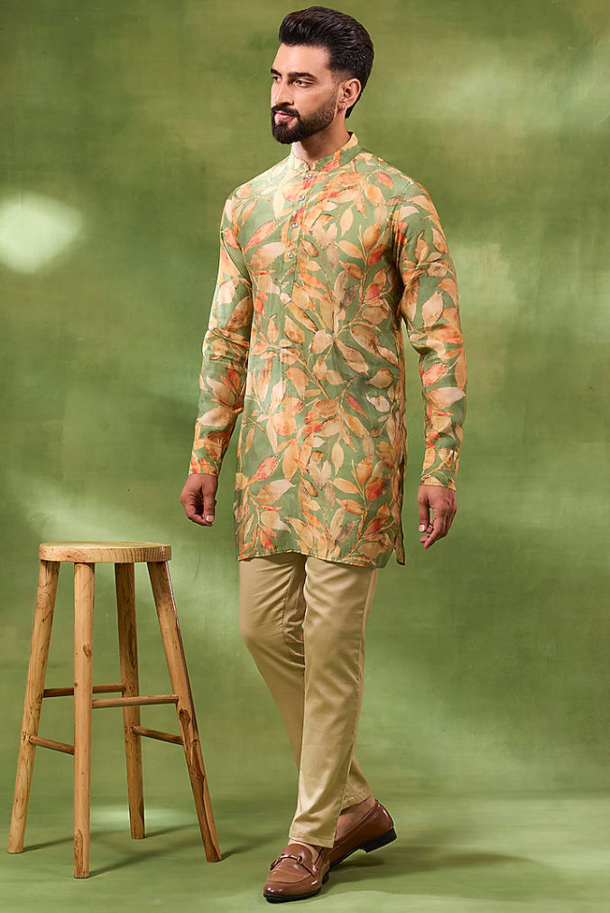 Green Floral Print Jacket Kurta Set
