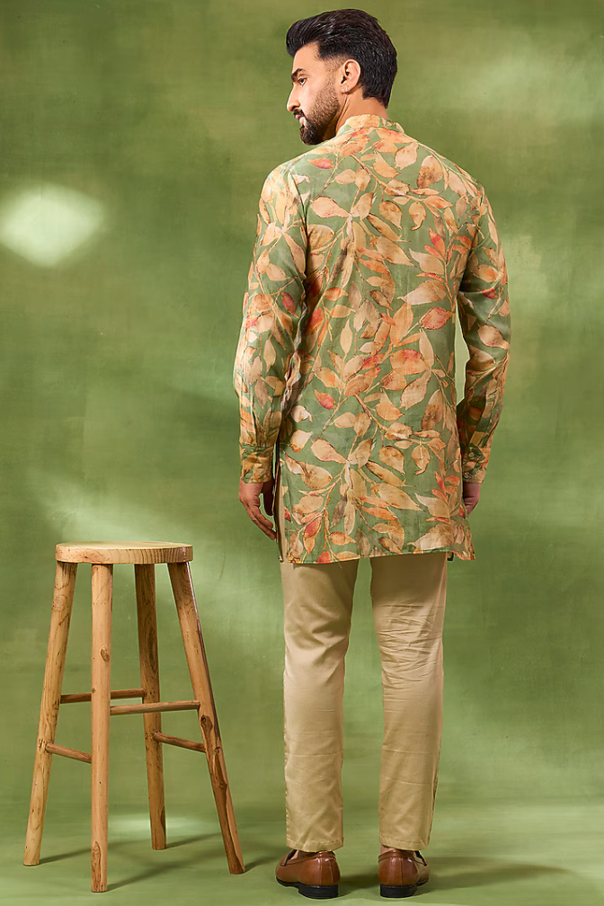 Green Floral Print Jacket Kurta Set