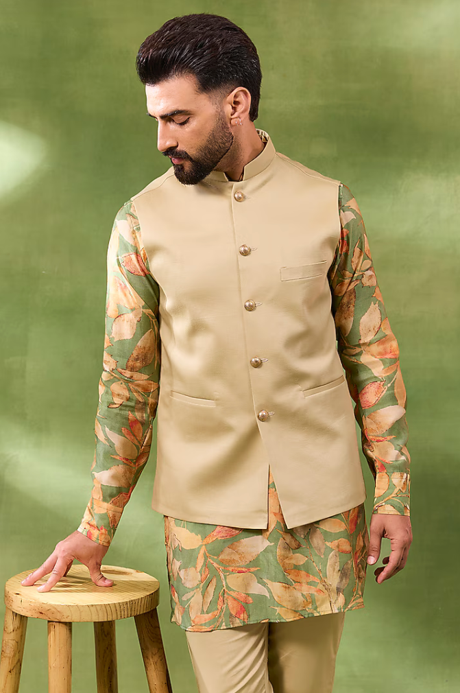 Green Floral Print Jacket Kurta Set