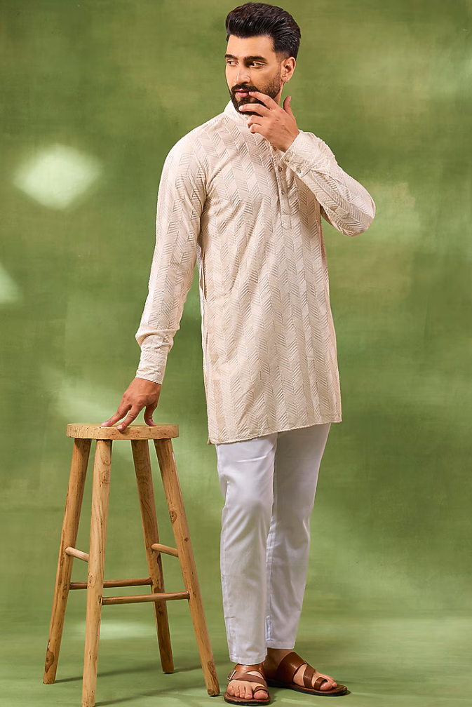 Beige Geometric Embroidered Kurta Set