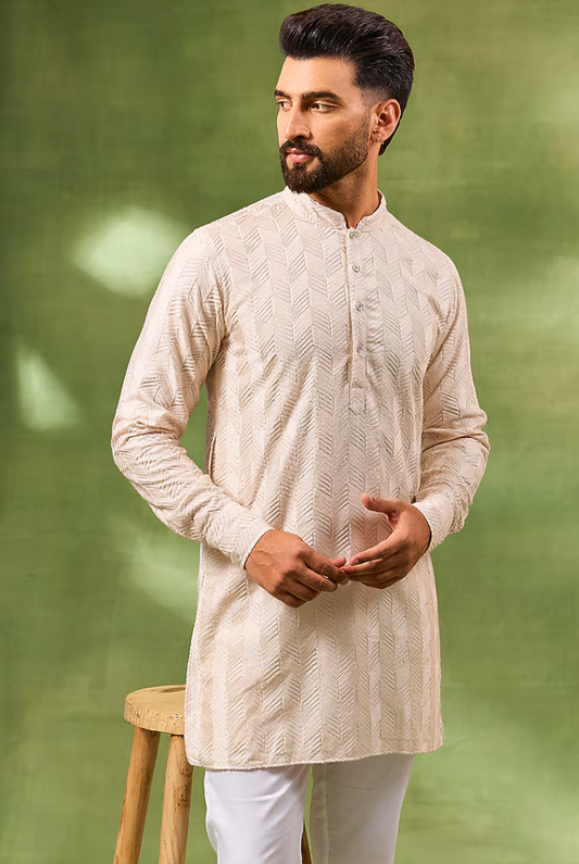 Beige Geometric Embroidered Kurta Set