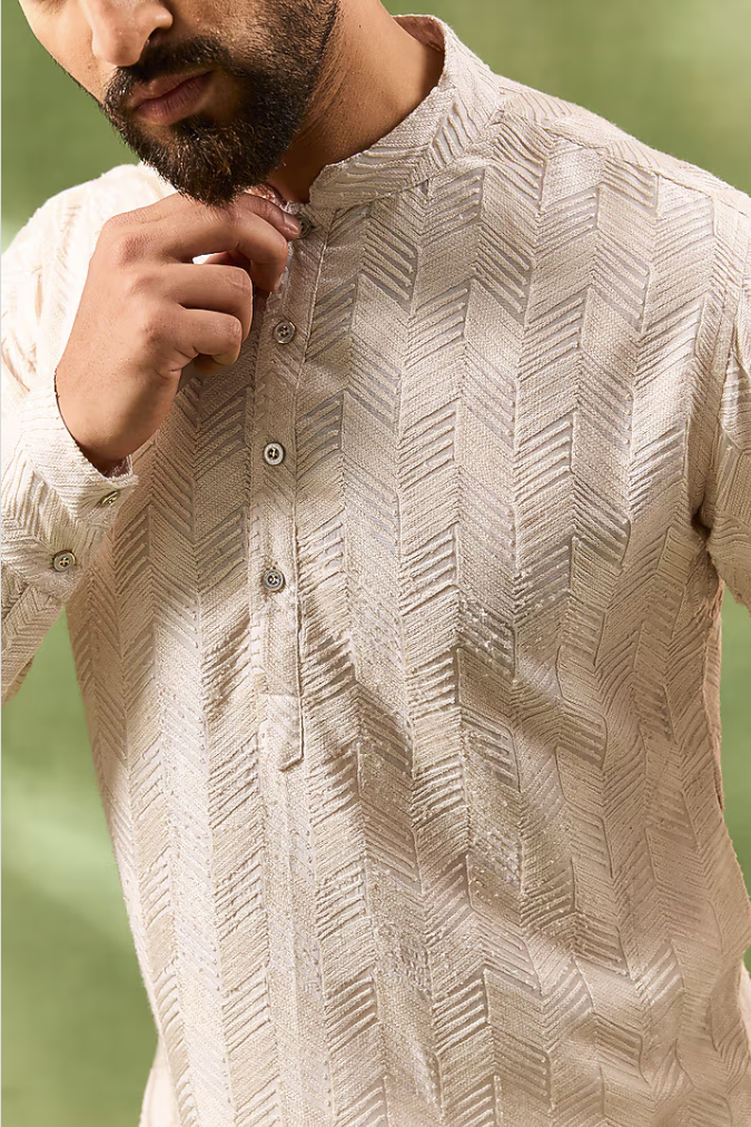 Beige Geometric Embroidered Kurta Set