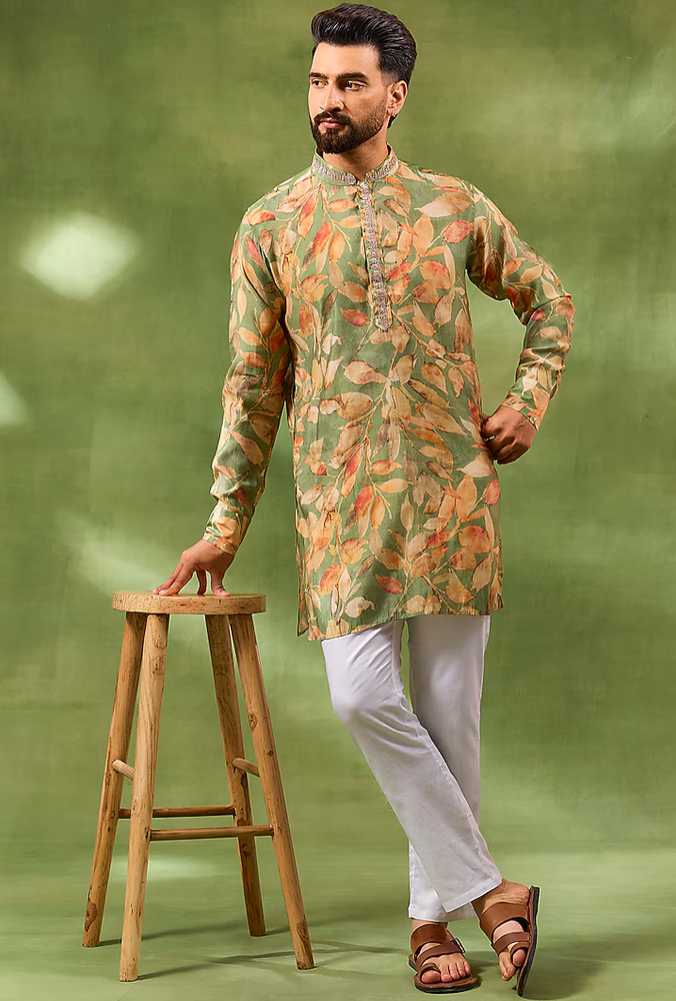 Green Botanical Print Kurta Set